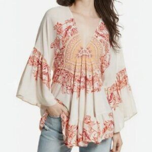 Free People Womens Tunic Top Size S Bohemian Print Flowy Hippie Festival Ruffled